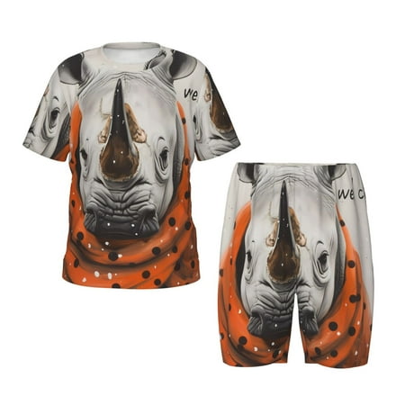 Luyuia Polka Dot Rhino Welcome Print Girls  2-Piece Tie-Dye Pajama Set  Cute Summer Loungewear with Shirt and Tank Shorts Nightwear-Medium