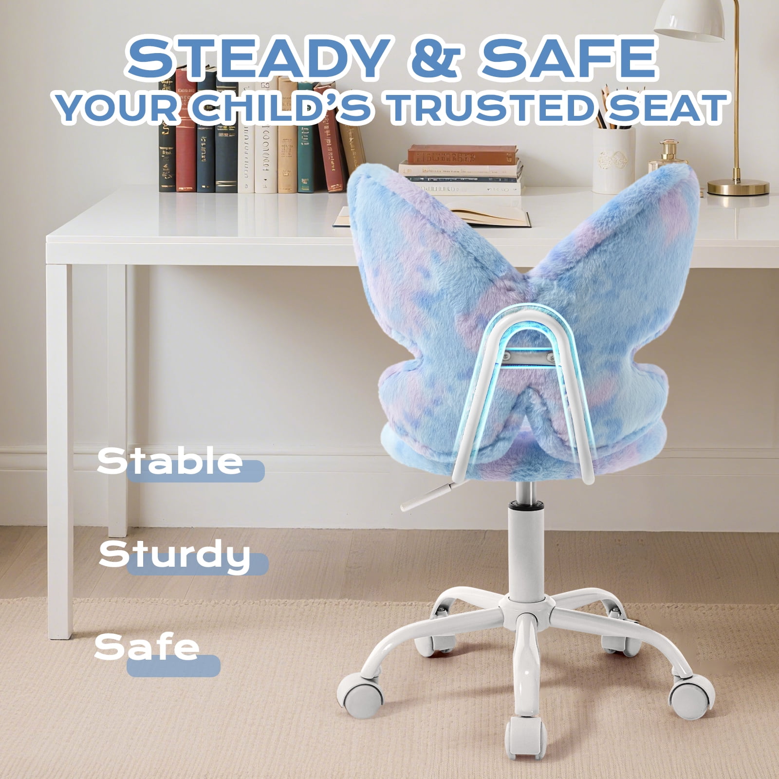 Adorable Butterfly Kids Desk Chair, Comfy Swivel Computer Seat for Girls Room, Fluffy Office Roller Chair for Study Bedroom Reading & Vanity, Blue