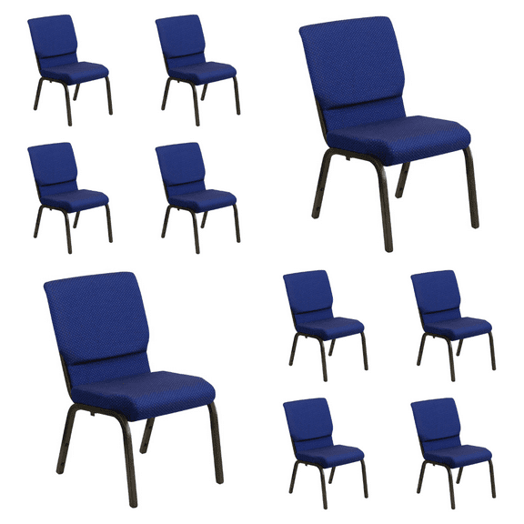 (10 PACK) 18.5'' Wide Navy Blue Patterned Fabric Church Chair with Book Pouch and Gold Vein Frame - Multipurpose Stackable Office Side Chair