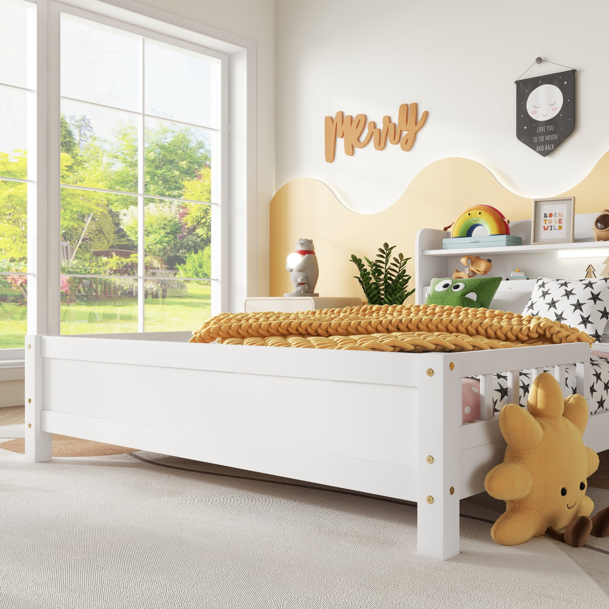 Leumius Full Pine Wood Bed with Bookcase Headboard, LED Motion Sensor Light, Guardrails for Boys Girls White