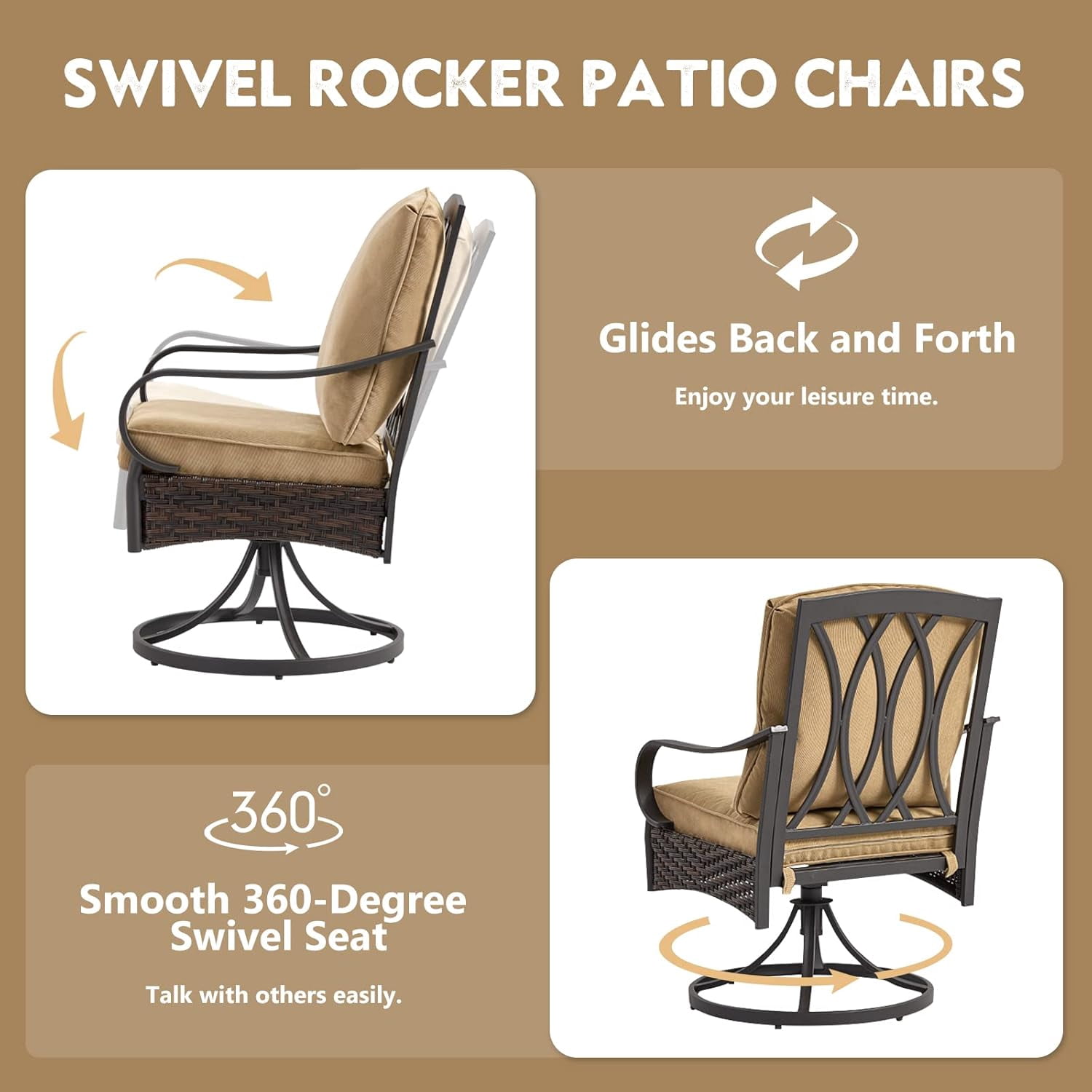 Patio Swivel Chairs Set of 2, Outdoor Swivel Chairs with Cushion, Patio Dining Chairs for Garden, Patio, Backyard and Balcony, Khaki