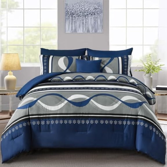 Comforter Set Full Size8 Pieces Navy Blue Boho Bed in a Bag Patchwork Striped Comforter Set Soft Microfiber Bedding Set for All Season 78×90
