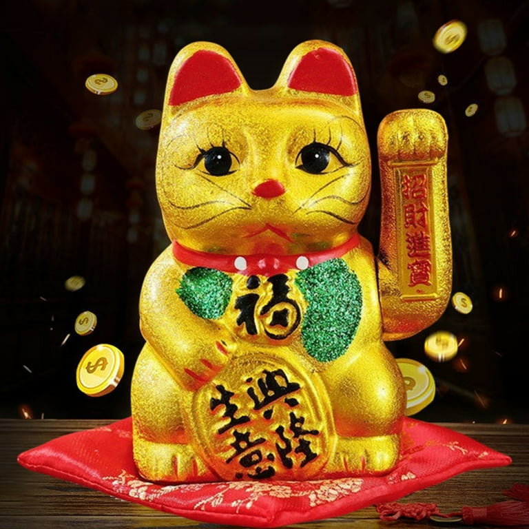 MAX 7 Inches Lucky Cat Ornament with Blessing Words Shaking Hands Design Ceramic Chinese Style Lucky Cat Sculpture Opening Ceremony Gift Home Decor