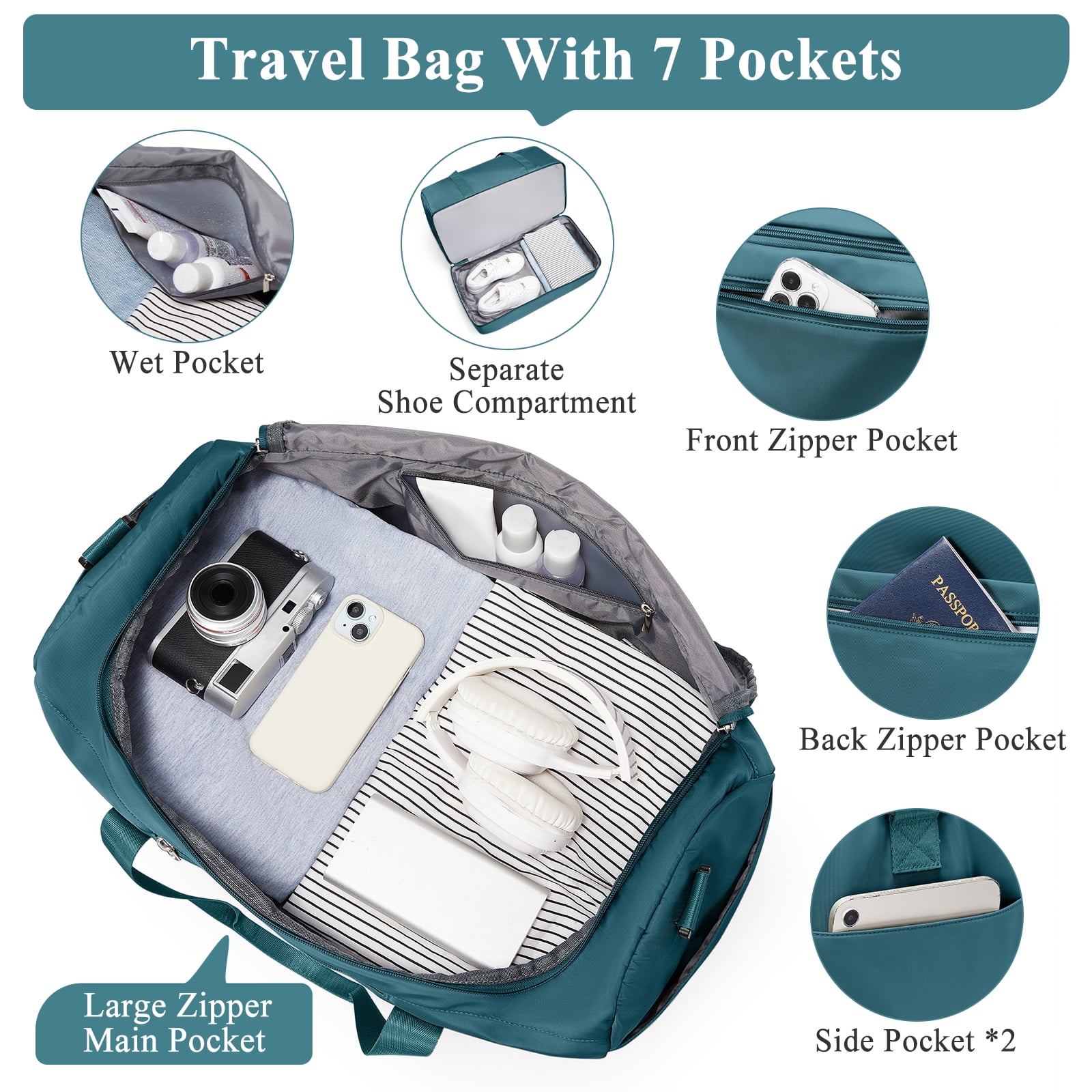 SYCNB Large Travel Duffel Bag, Weekender Overnight Bag for Women, Gym Tote Bag with Shoe Compartment & Toiletry Bag, Carry-On Weekend Bag for Women with Wet Pocket for Travel Business, Peacock Blue