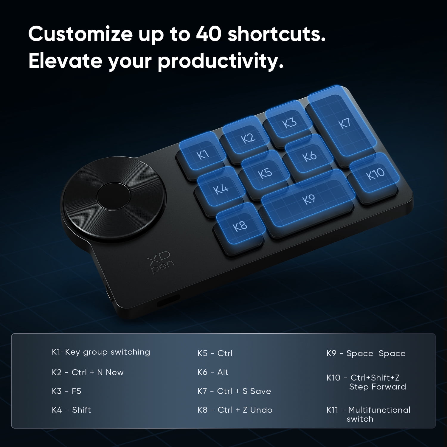 XPPen Wireless Shortcut Remote 300 hrs Battery Life Bluetooth Shortcut Keyboard Support internal storage of key settings