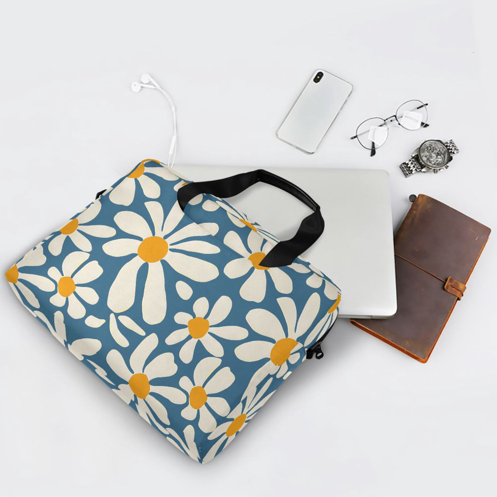 FORMRS 16" Laptop Bag Carrying Sleeve Case with Handle Travel Shoulder Briefcase, Whimsy Daisy Pattern