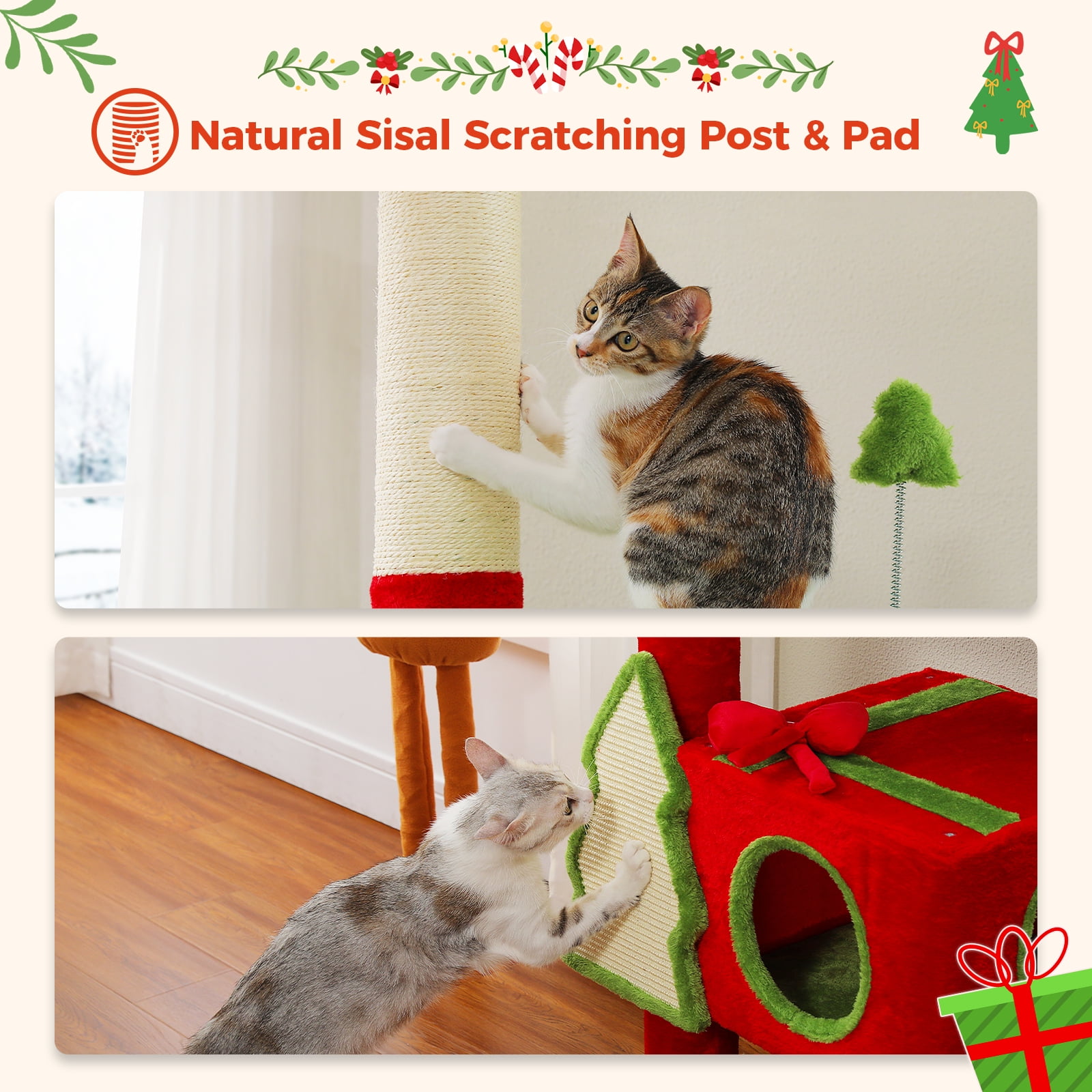 Pefilos Christmas Tall Cat Tree for Large Indoor Cats, 90''-107'' Floor to Ceiling Cat Tower with 2 Condos, Sisal-Covered Scratching Post & Pad and Bow Toy, Red