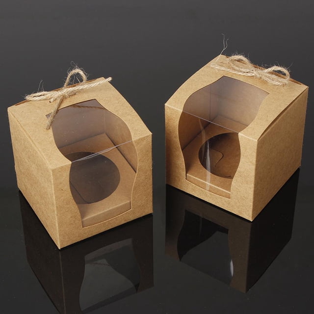 12 Piezas de Cajas de tarta, Con Ventana y , Vintage Recipiente de Torta con Lazo de Plástico Envase de tarta Pequeño marrón perfecl Favores de la torta de boda