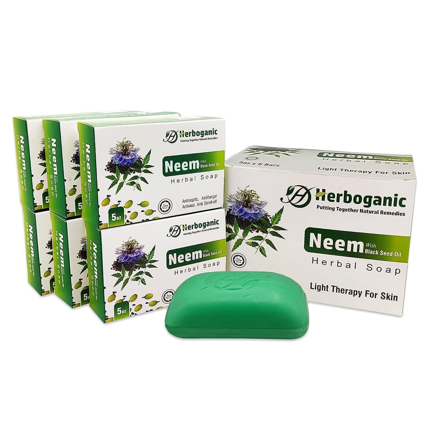 HERBOGANIC Neem Herbal Soap with Black Seed Oil | Vegan and Natural Bar Soap for Face and Body for Men and Women | 5 oz. (Pack of 6)