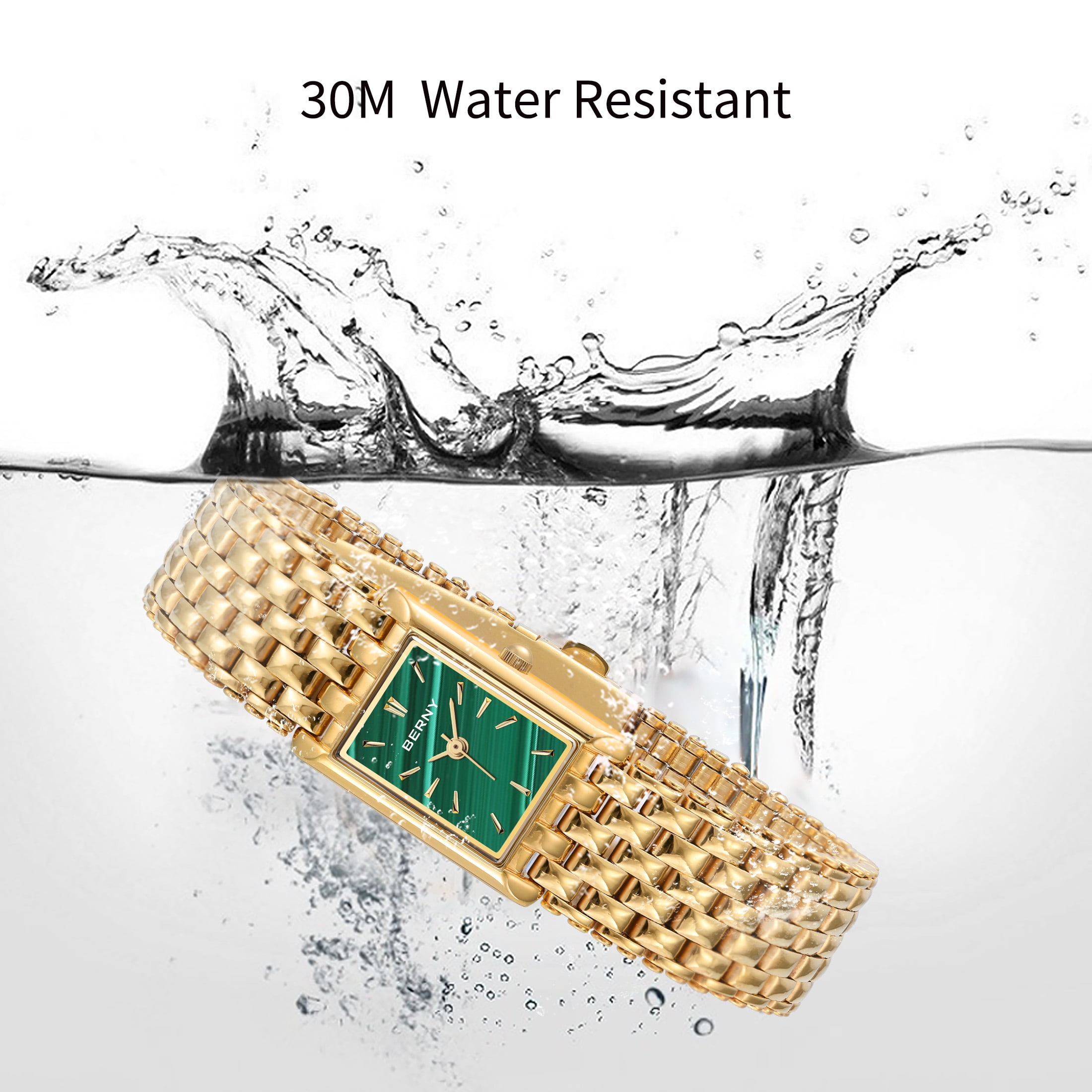 BERNY Small Gold Watches for Women, Women's Gold Rectangular Quartz Watch, Stainless Steel Bracelet, Waterproof Watch Mother's Day Gift for Women (Green)