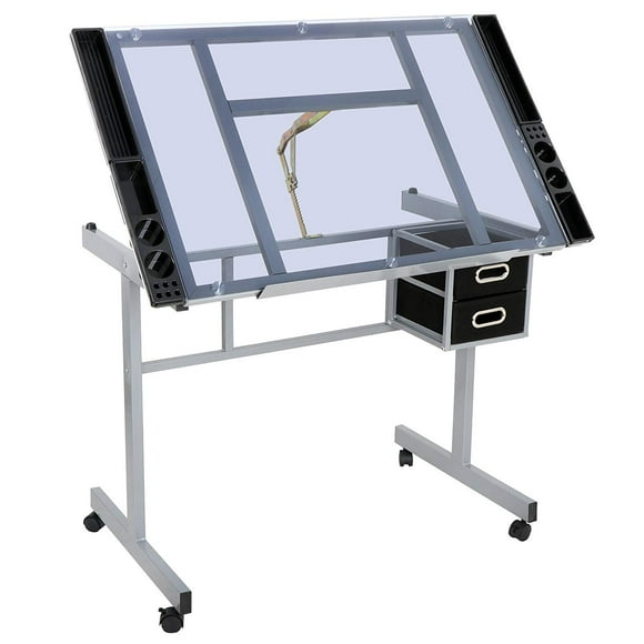 BBBuy Adjustable Drafting Table Drawing Desk Craft Station Drafting Desk Glass Top w/2 Slide Drawers and Wheels for Drawing, Writing, Painting Home Office