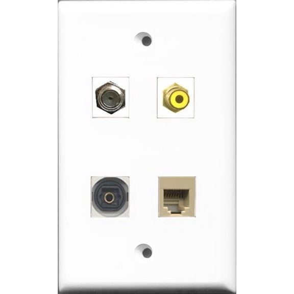 RiteAV 1 Port RCA Yellow and 1 Port Coax Cable TV- F-Type and 1 Port Phone RJ11 RJ12 Beige and 1 Port Toslink Wall Plate