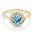 thumbnail image 2 of Gem Stone King 18K Yellow Gold Plated Silver Swiss Blue Topaz and White Moissanite Halo Engagement Ring for Women (1.78 Cttw, Gemstone November Birthstone, Round 7MM, Size 8), 2 of 5