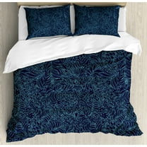 Navy and Teal Queen Size Duvet Cover Set, Abstract Artistic Flourish Nature Inspired Pattern Leaves Blossoms, Decorative 3 Piece Bedding Set with 2 Pillow Shams, Dark Blue Turquoise, by Ambesonne