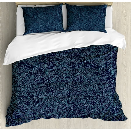 Teal Duvet Cover Navy and Teal King Size Duvet Cover Set, Abstract Artistic Flourish Nature Inspired Pattern Leaves Blossoms, Decorative 3 Piece Bedding Set with 2 Pillow Shams, Dark Blue Turquoise, by Ambesonne ()