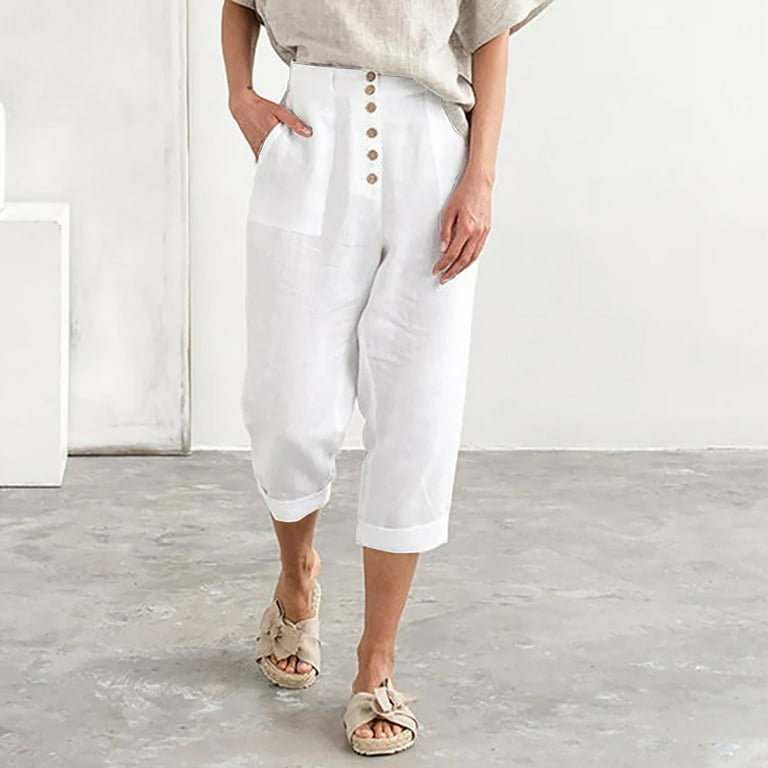 Casual High Waist Capri Pants for Women Solid Loose Cotton Linen Cropped  Leg Pants with Pockets Rolled Hem Lounge Pants(M,White)