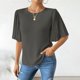 thumbnail image 2 of Camisa de Manga Corta de Botón de Mujer Blusa de Gasa de Color Sólido con Mangas Plisadas Y Cuello Redondo, Diseño de Botón Trasero de Moda para el Uso Diario, 2 of 9