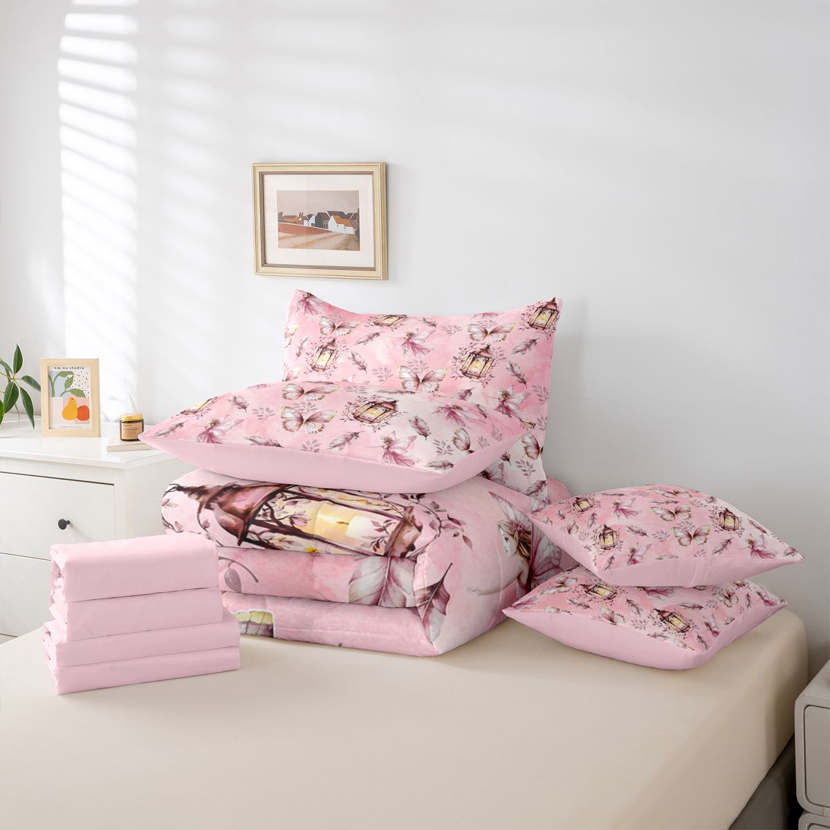 Homewish Flying Pink Butterflies 7pcs Bedding Comforter Set For Teens Girls Adults Female,Dreamy Princess Queen Bedding Sets Super Cozy,Cartoon Fairy Elf Queen Sheet Sets,Super Cozy Room Decor