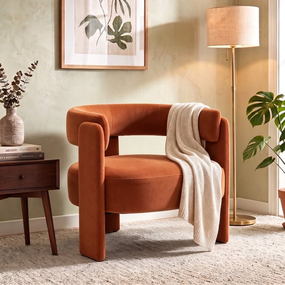 Aukfa Modern Velvet Barrel Accent Chair with 8.66" Thick Seat Cushion, Upholstered Armchair with 300 lb Weight Capacity for Living Room,Orange