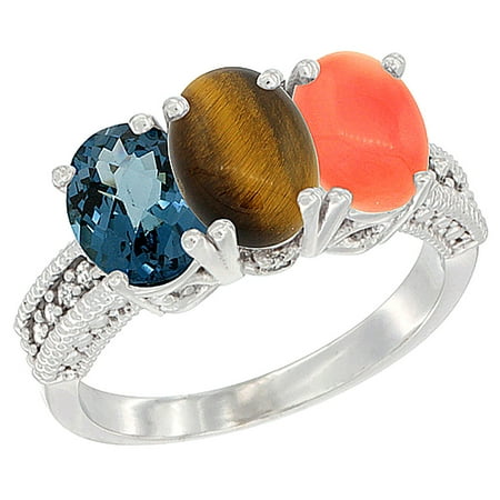 - 10K White Gold Natural London Blue Topaz, Tiger Eye & Coral Ring 3-Stone Oval 7x5 mm Diamond Accent, sizes 5 - 10