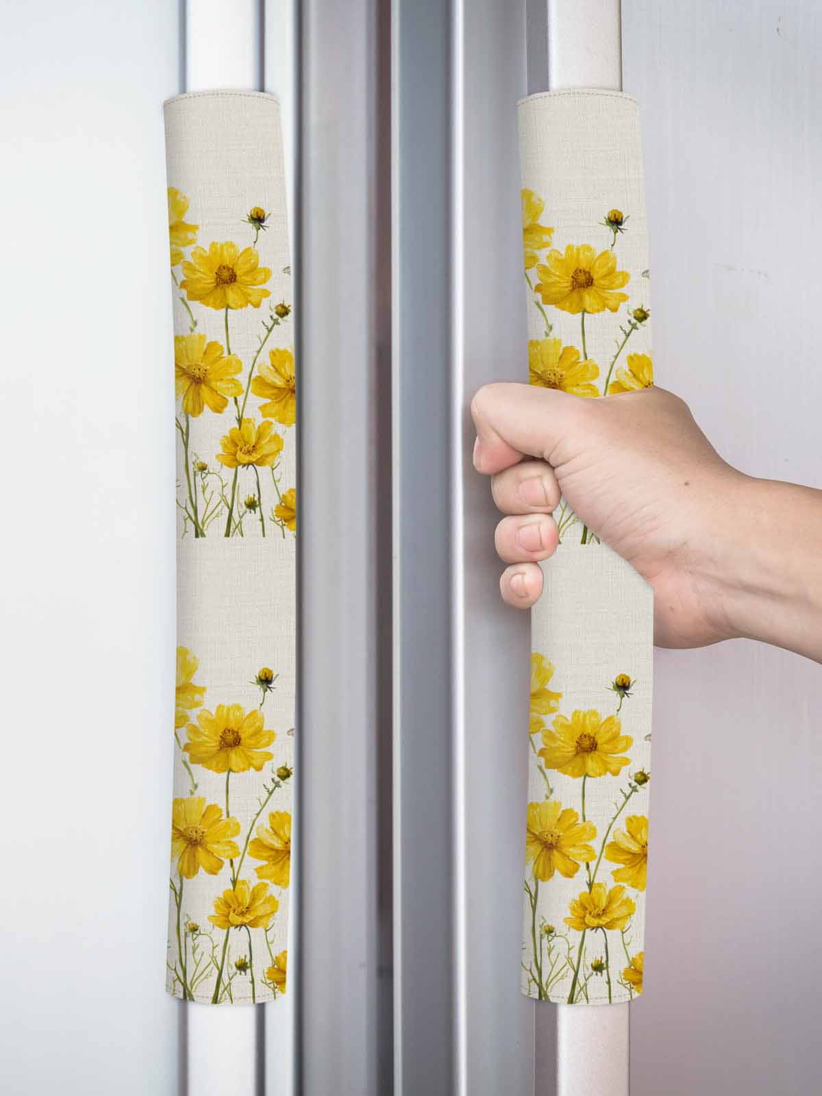 Yellow Floral Bee Refrigerator Door Handle Covers Set of 2, Summer Watercolor Botanical Flower Kitchen Fridge Microwave Oven Dishwasher Stove Cabinet Handle Protectors, Washable Appliance Decor