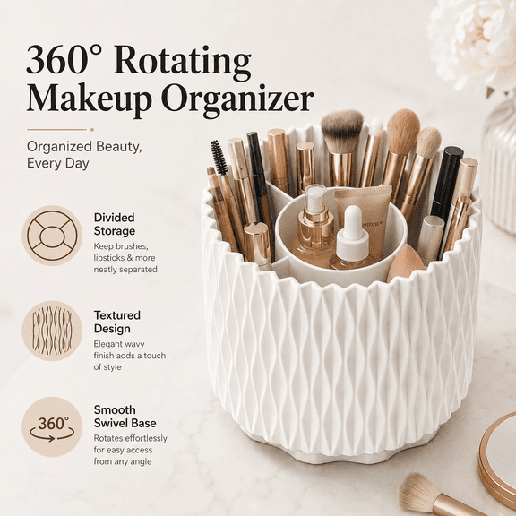 TAVENE 5-Slot Cosmetic Organizer Cup, 360° Rotating Makeup Brush Holder for Vanity, Desk & Bathroom Countertop, White