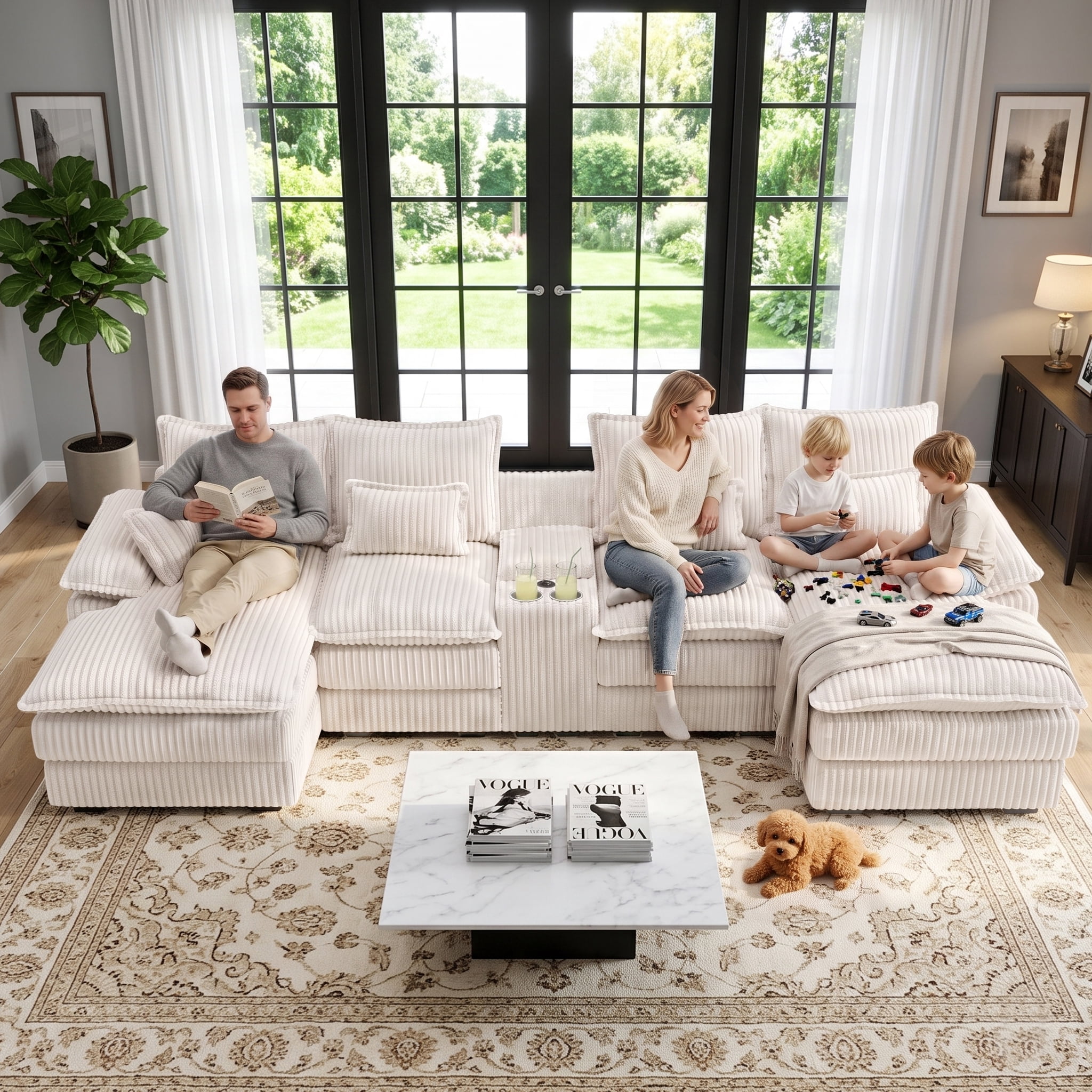 Wakefit 125" U Shaped Sectional Couch, Oversized Modular Sectional Sofa, 5 Seater Corduroy Cloud Couch with Hidden Storage, USB Ports & Cup Holders for Living Room, Beige