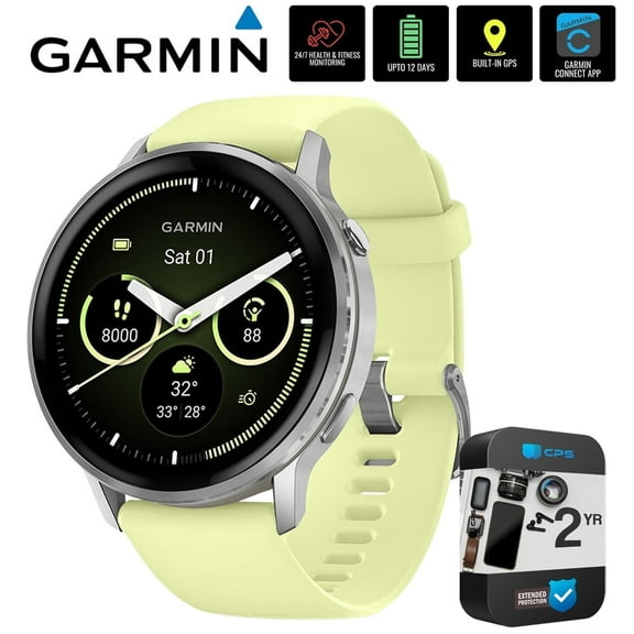 Garmin 010-03014-02 Venu 4, 45 mm Health & Fitness GPS Smartwatch, Silver with Citron Silicone Band Bundle with 2 YR CPS Extended Warranty
