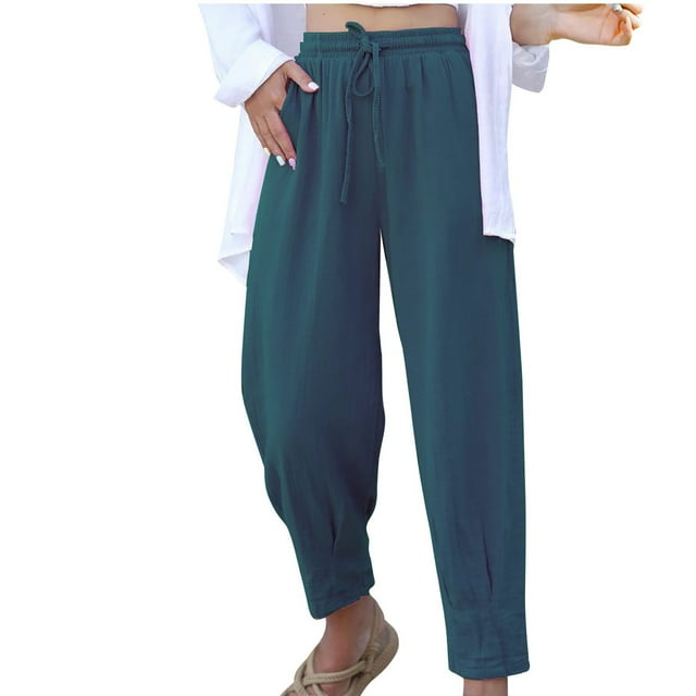 Lydiaunistar Casual Elastic Waist Long Pants for Women - Split Bandage Design Solid Pocket Full Length Stretch-Free Polyester Pants for Spring Summer Asian Fit Blue