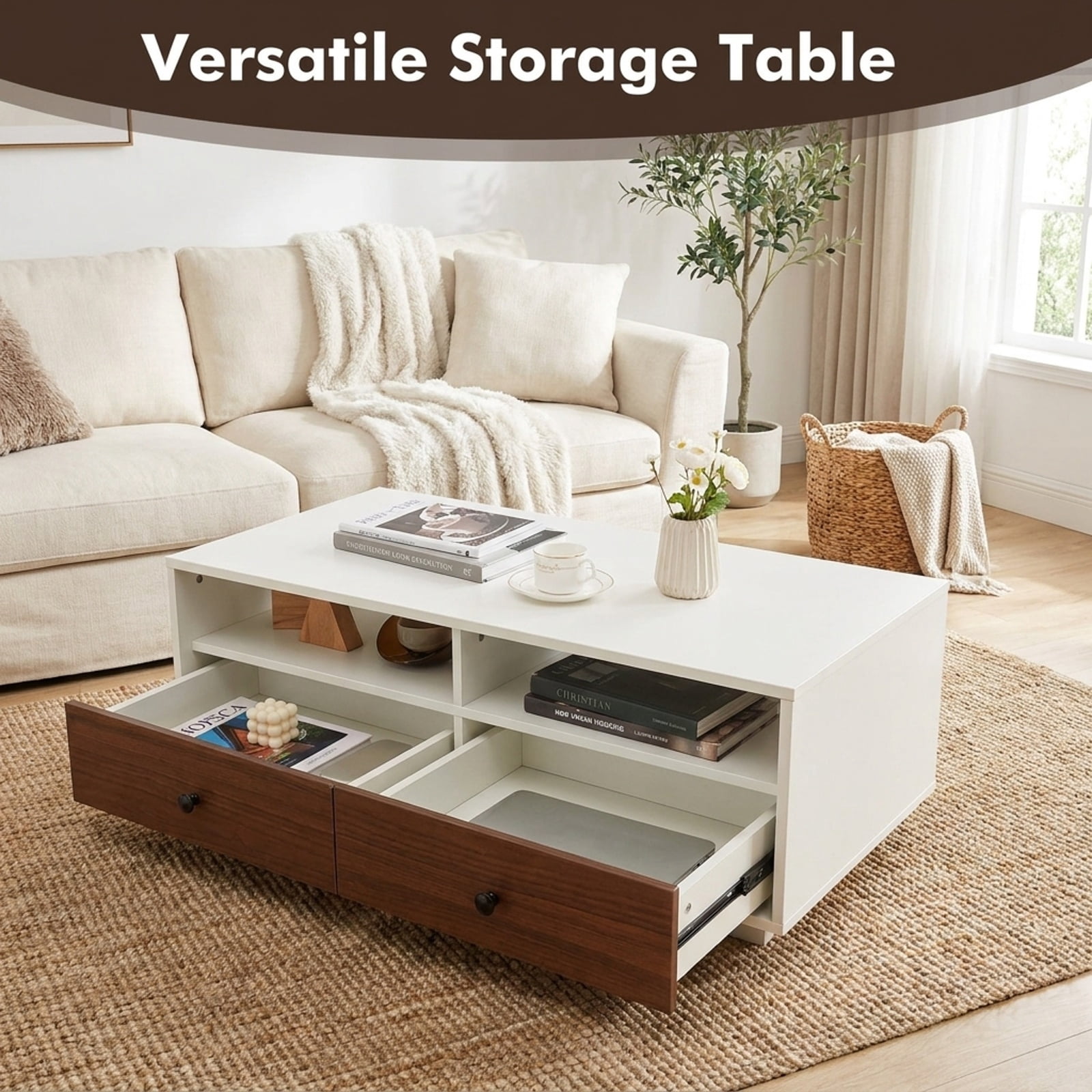 Furnibear 2 Tier 40 Inch Modern Rectangle Coffee Table with Storage Shelf and Two Drawers for Living Room Bedroom and Study, White