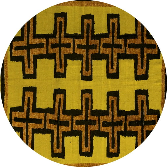 Ahgly Company Machine Washable Indoor Round Abstract Yellow Modern Area Rugs, 6' Round
