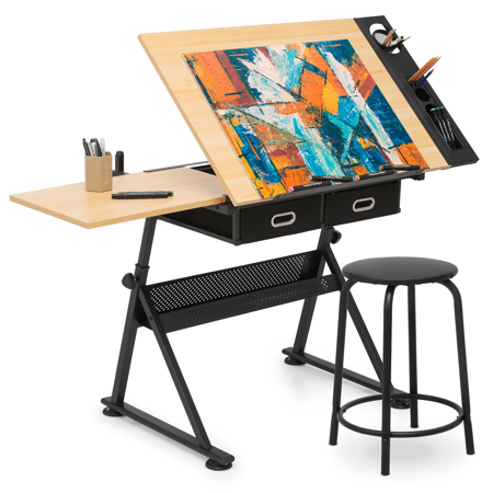 Drafting Table with Stool & Drawer Adjustable Wood Art Desk for Artists Architects Designers Craft Workstation