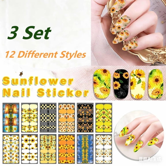 FEOLGEHLY 3 Set Short Press on Nails Sunflower Nail Water Stickers Cute Short Square Fake Nail Tips Self-Adhesive DIY Nail Art Decor Presson Nails for Women Daily Party Manicure