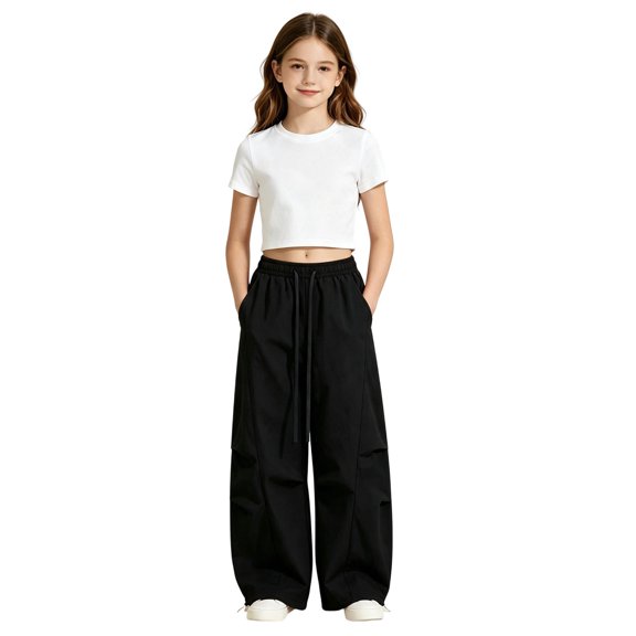 Landzoo Little Girls Athletic Cargo Pants Wide Leg With Pockets And Drawstring Fall Casual Kid Girls Baggy Trousers