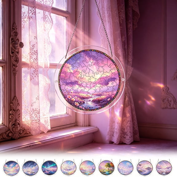 KOYPTL Acrylic Puzzles Suncatcher Window Hanging, 83 Pieces 7.4 Inch Sun Catcher Acrylic Puzzles Garden Decoration for Women Men Mom Birthday Romantic Gift Home Decor Pink Purple