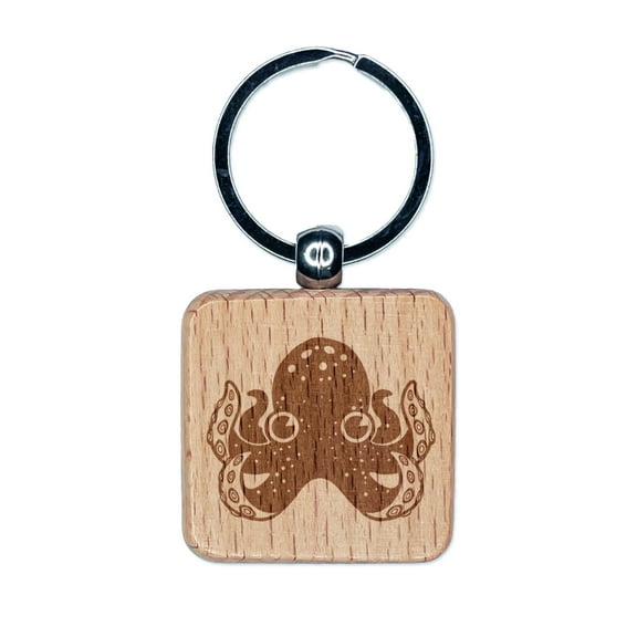 Adorable Octopus Square Keychain Charm Tag - Engraved Wood