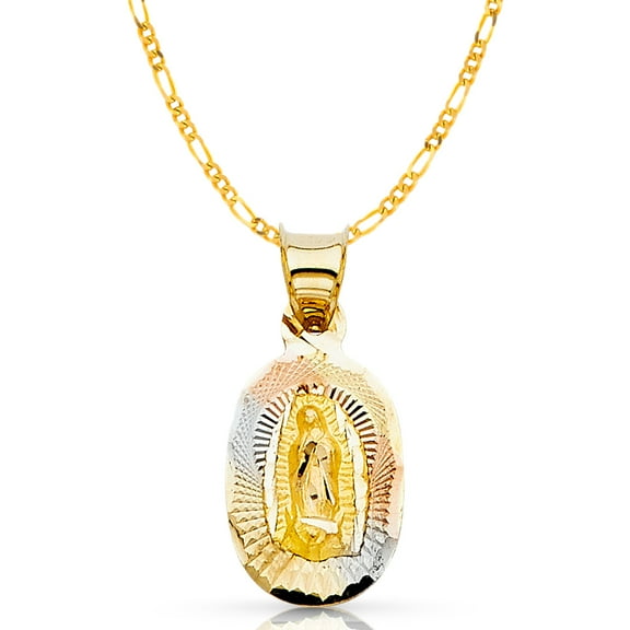 14K Tri Color Gold Diamond Cut Our Lady of Guadalupe Stamp Charm Pendant with 1.6mm Figaro 3 1 Chain Necklace