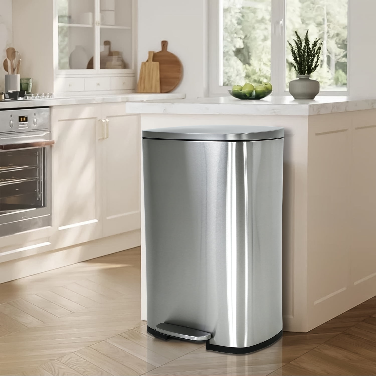CL.HPAHKL 13 Gallon Step-on Trash Can with Soft-Close Lid, Stainless Steel Kitchen Garbage Can with Foot Pedal and Removable Inner Bucket, Fingerprint-Proof Trash bins for Home Office