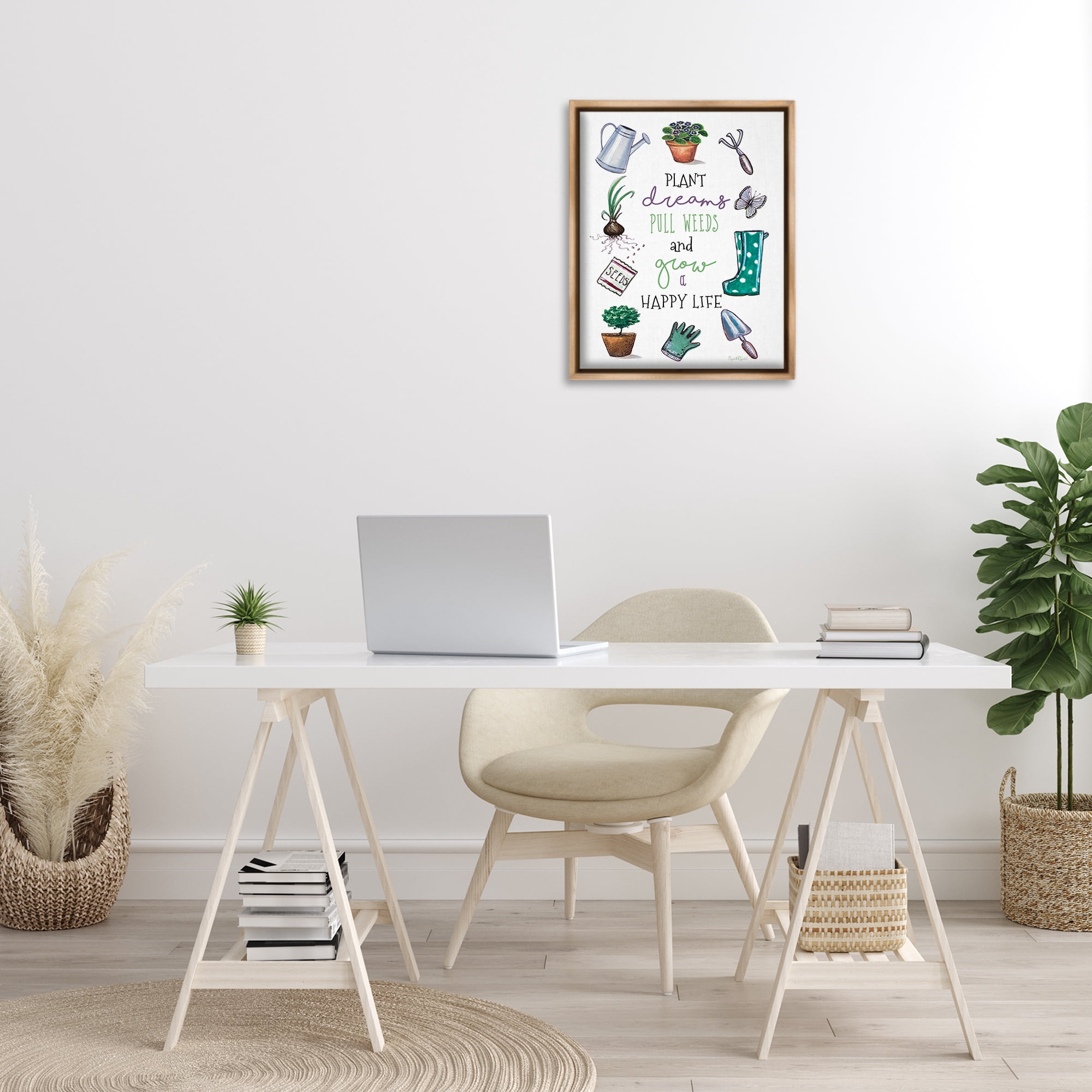 Stupell Industries Grow a Happy Life Botanical & Floral Painting Brown Floater Framed Art Print Wall Art, 17 x 21