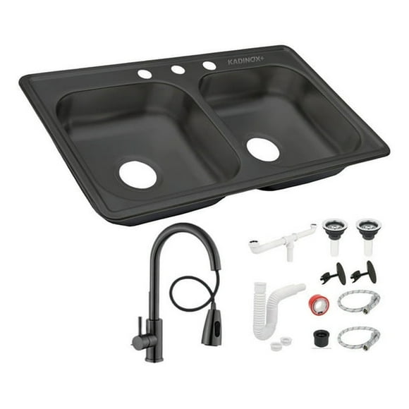 Fregadero Tarja Tina Doble KADINOX+ Acero Inoxidable 84x48 Con Kit Premium Negro