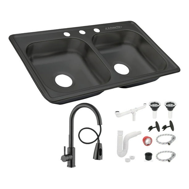 Fregadero Tarja Tina Doble KADINOX+ Acero Inoxidable 84x48 Con Kit Premium Negro