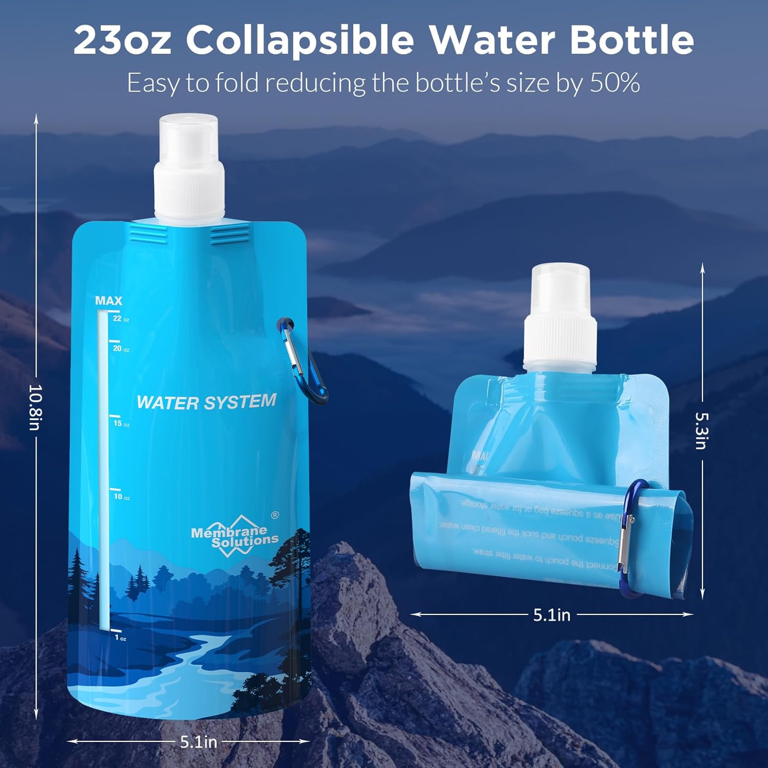 JJEAN-Collapsible Water Bottle 23oz, Foldable Pouch Water Bottle with Carabiner, BPA-Free, Leakproof for Traveling Camping Hiking Cycling Yoga Sports Outdoor Essentials