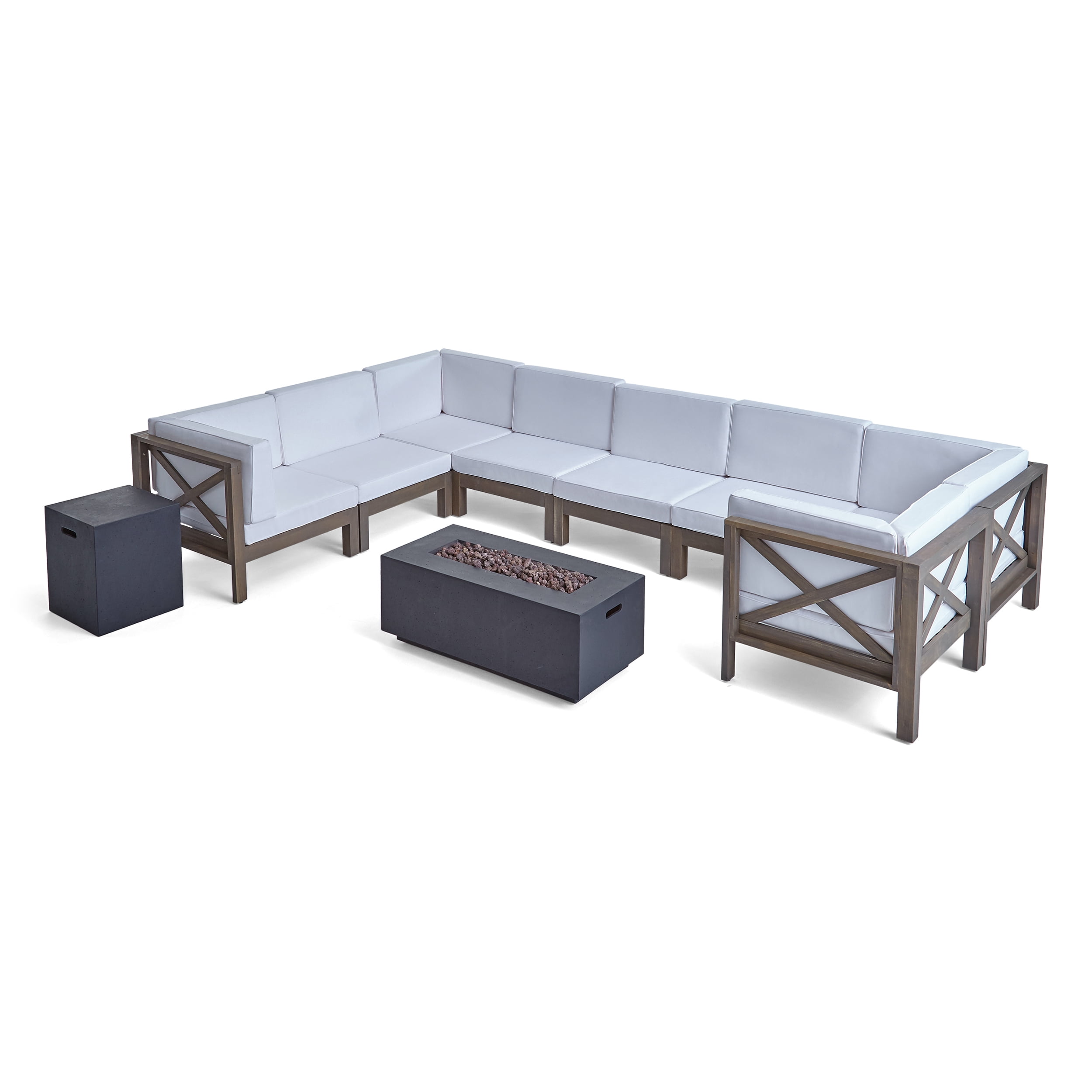 Elisha Outdoor 10 Piece Acacia Wood Sectional Sofa Set with Cushions and Fire Pit, Gray, White, Dark Gray