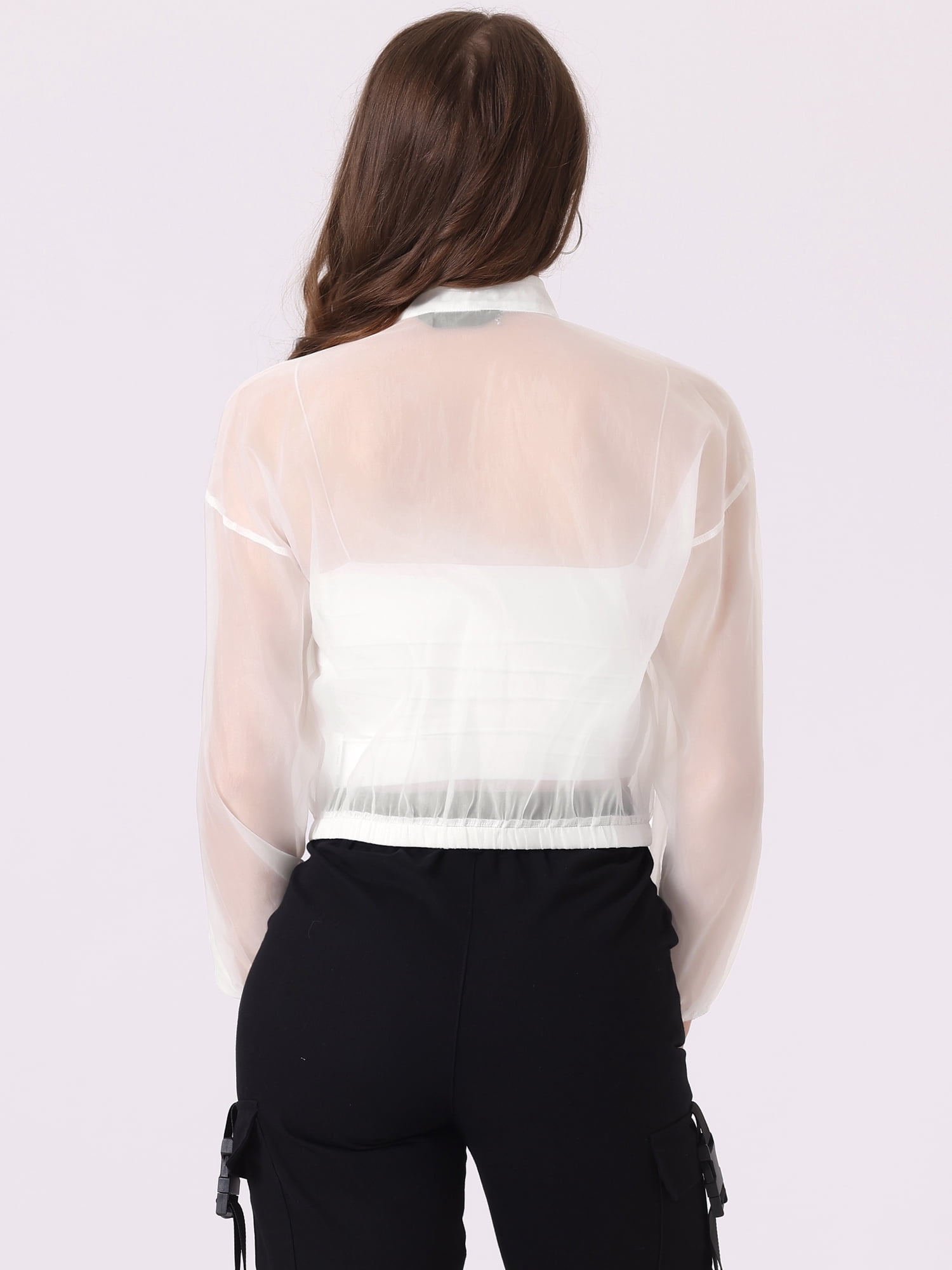 DARING DIVA Women's Sheer Bomber Jacket Zip Up Long Sleeve See Through Jackets M White