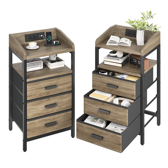 Table 2 Pack Night Stand with Charging Station and Light Bedside End Table with 3 Fabric Drawers 2 USB Ports and Outlets for Bedroom