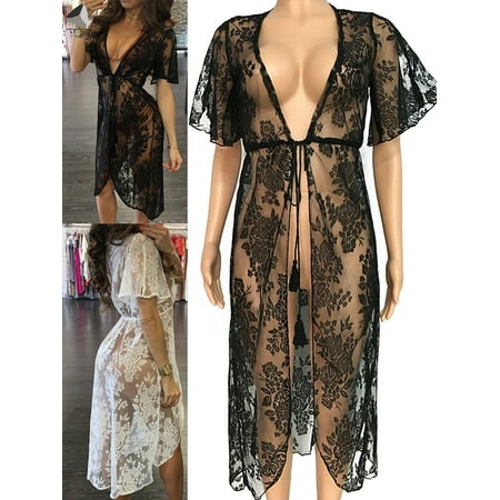 PULLIMORE Women Sexy Lace Lingerie Open Front Babydoll Nightwear Lace Chemise Sleepwear Sheer Mesh Robe Cover Up (S  Black)