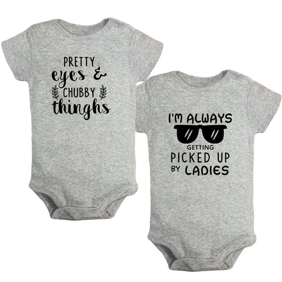 iDzn Pack of 2, Pretty Eyes Chubby Thinghs & I'm Always Getting Picked Up By Ladies Funny Rompers For Babies, Newborn Baby Unisex Bodysuits, Infant Jumpsuits, Toddler 0-24 Months Kids One-Piece Oufits