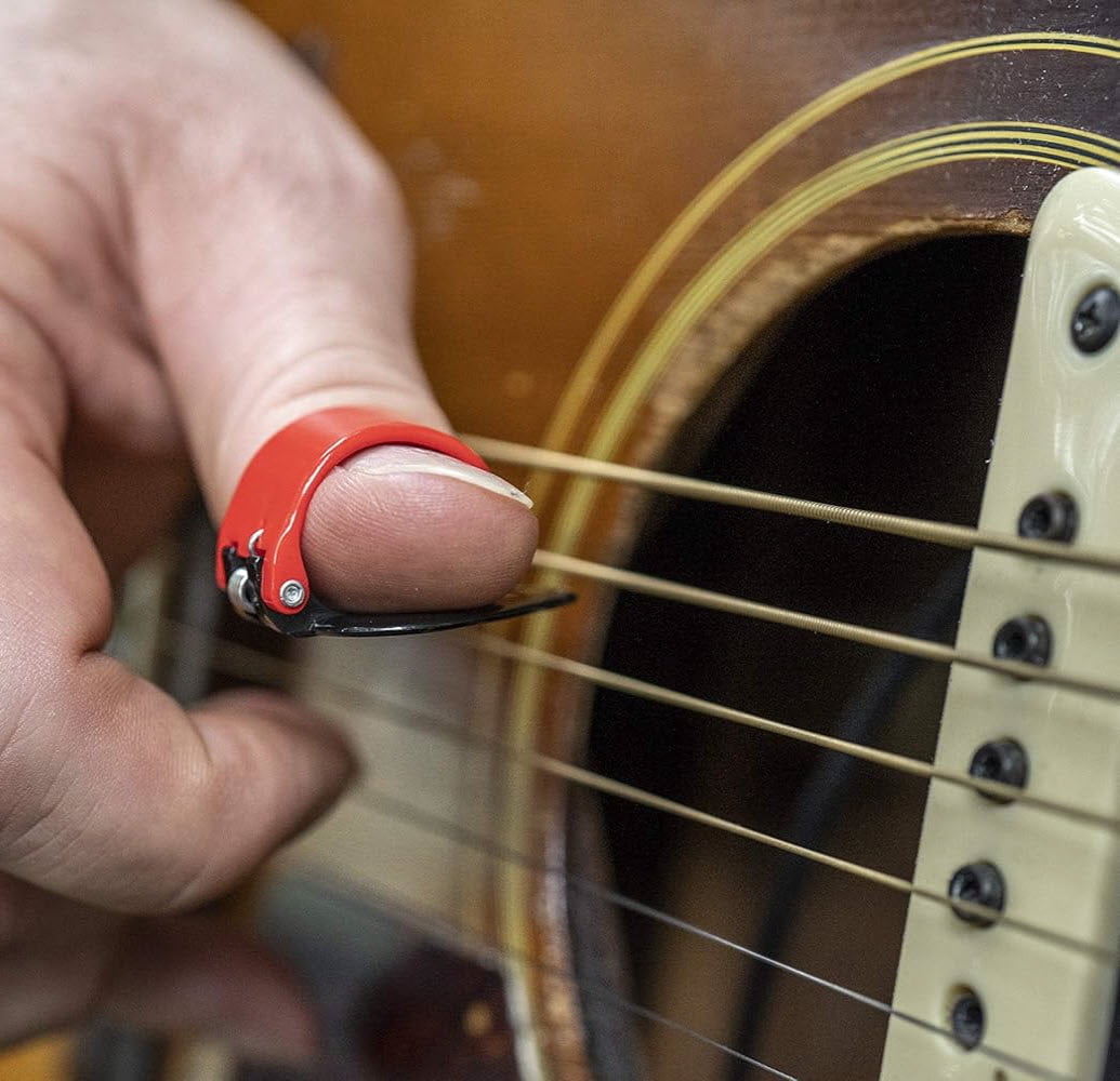 BLACK MOUNTAIN Spring Loaded Thumb Picks Variety Pack 4 Pack for Guitar Ukulele Banjo Dobro Mandolin and Other Stringed Instruments Right Handed for Medium to XL Thumbs
