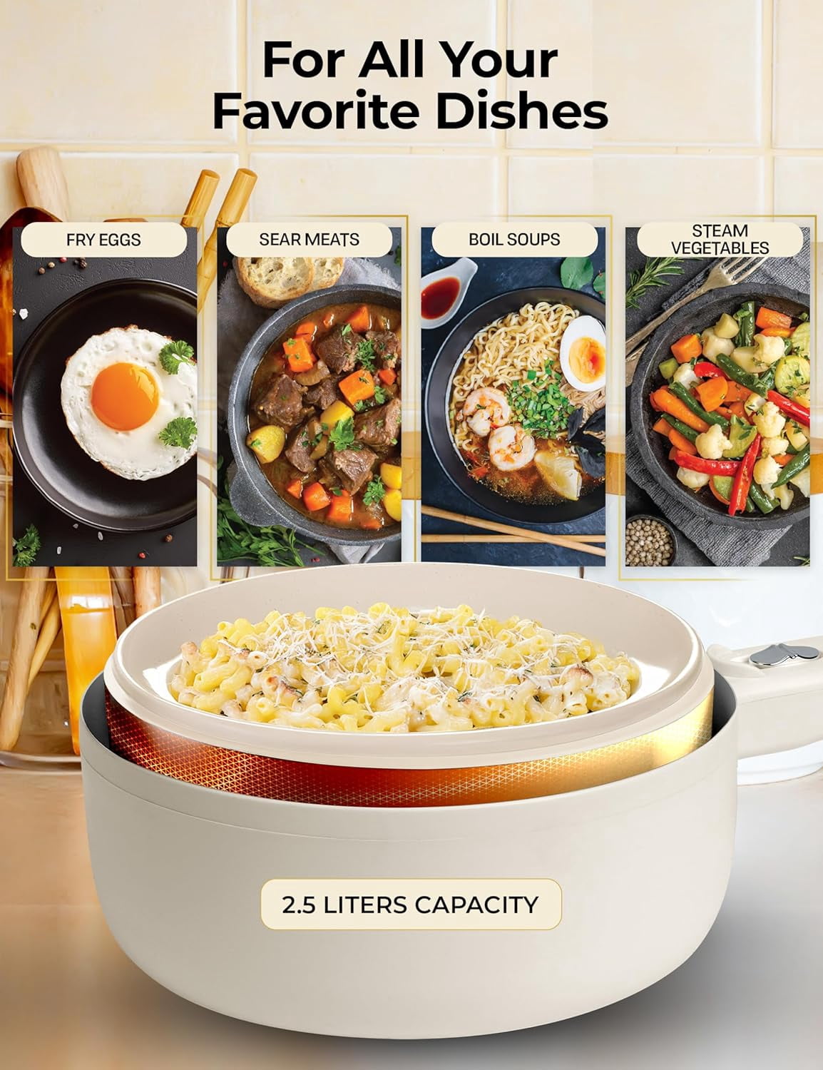 Ceramax Electric Hot Pot 2.5L Nonstick Ceramic Skillet Pan Mini Cooker with Lid Steamer for Frying Eggs Ramen Rice Saute