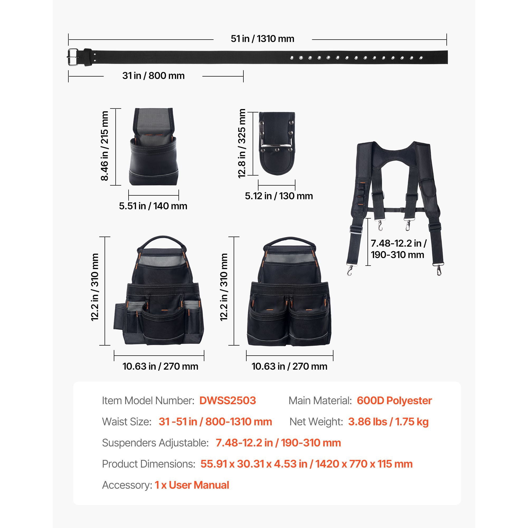 Tool Belt 19-Pockets 600D Polyester Adjustable Waist 31-51 Inch for Carpentry Construction